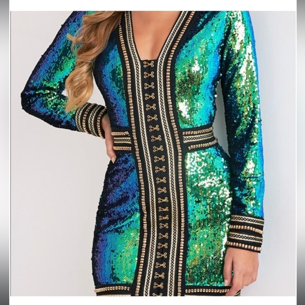 PrettyLittleThing Green Blue Sequin Hook Front Jacket Size 8